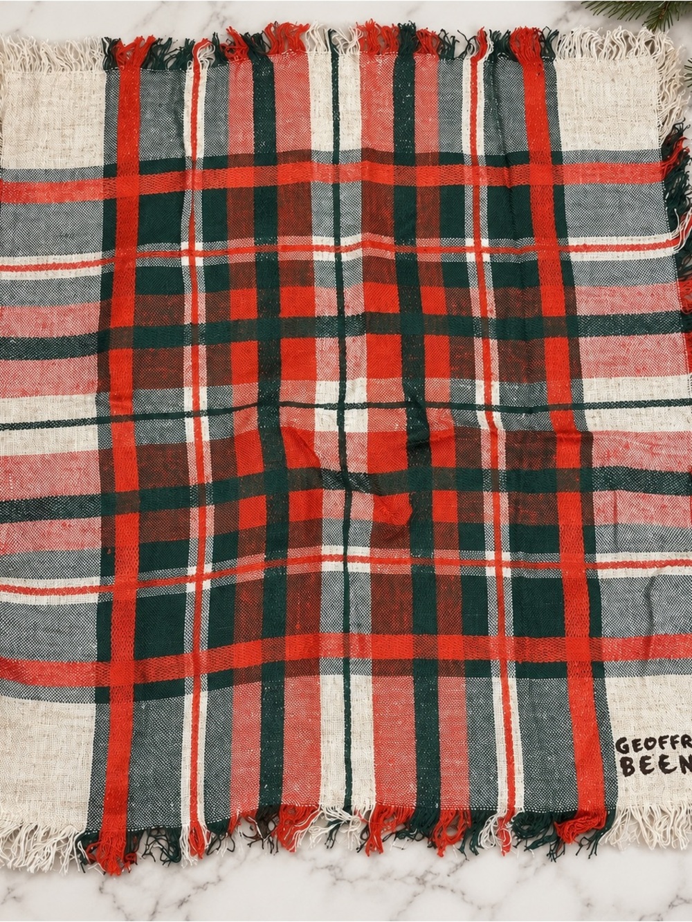 Vintage Geoffrey Beene BEENE Bazaar Plaid Scarf 28x30 Orange Green cream Fringe